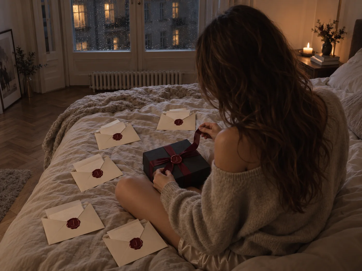 Fünf geöffnete Umschläge auf einem Bett, dazu die verschnürte Schachtel