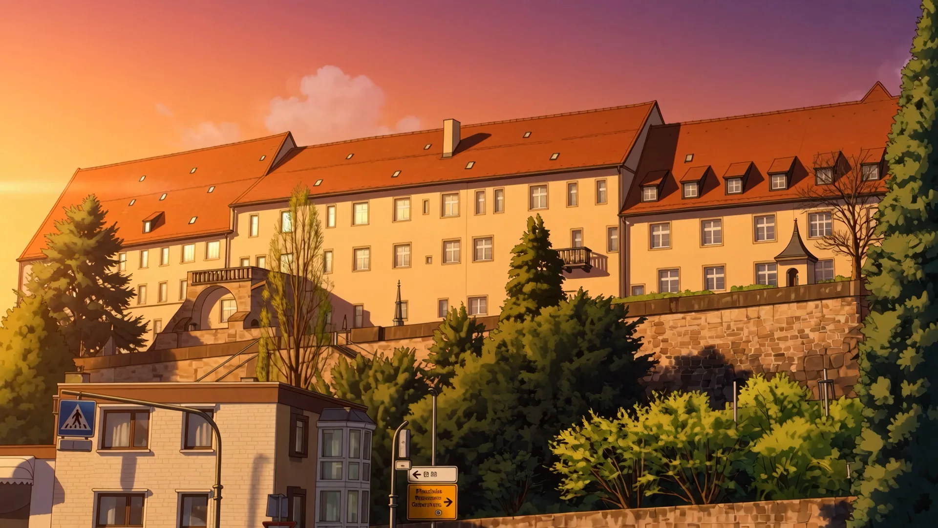 Schloss Leonberg im Abendlicht — über dem Pomeranzengarten